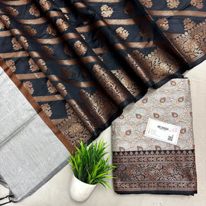 Grey and Black Patti Jaal Banarasi Silk Suit