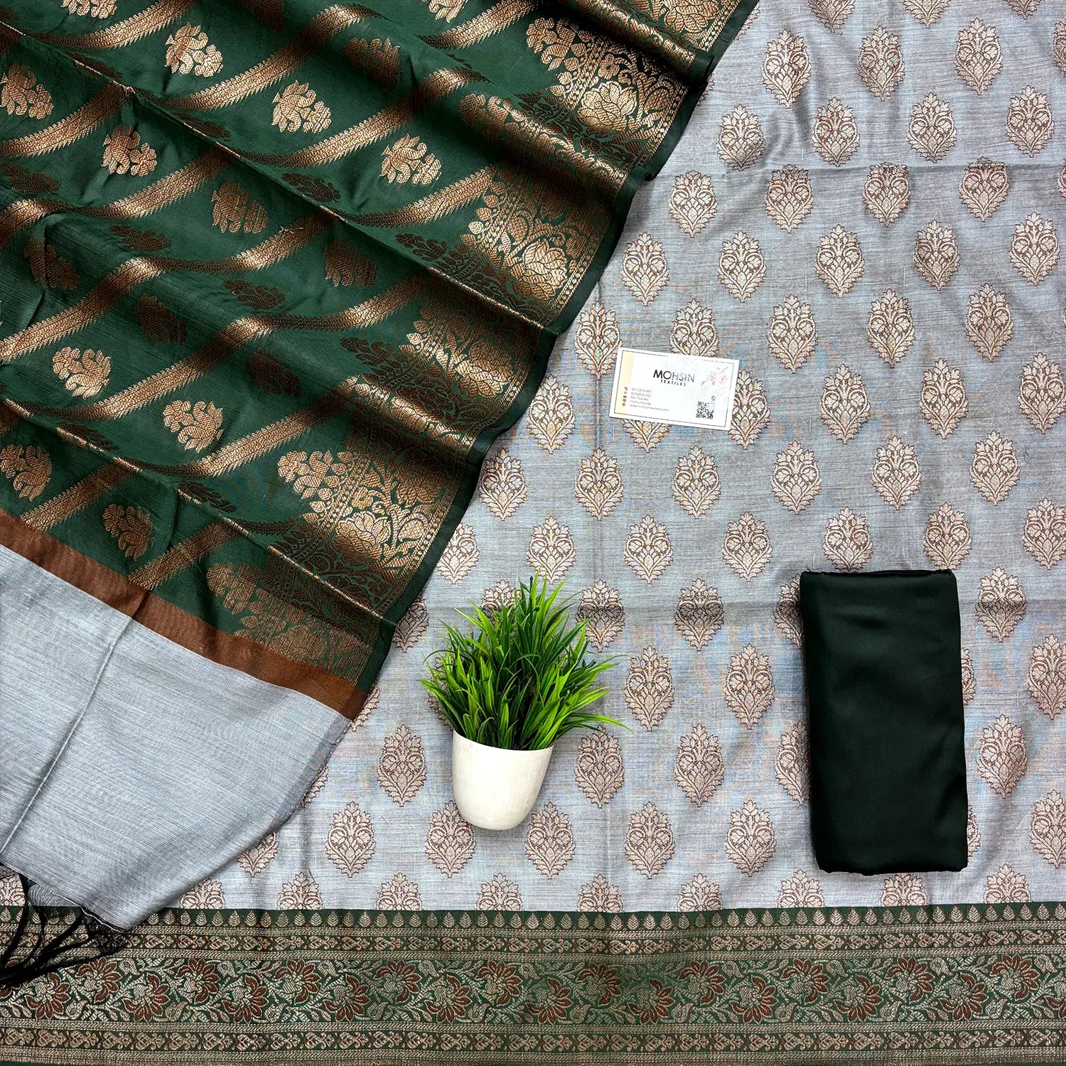 Grey and Bottle Green Banarasi Silk Suit