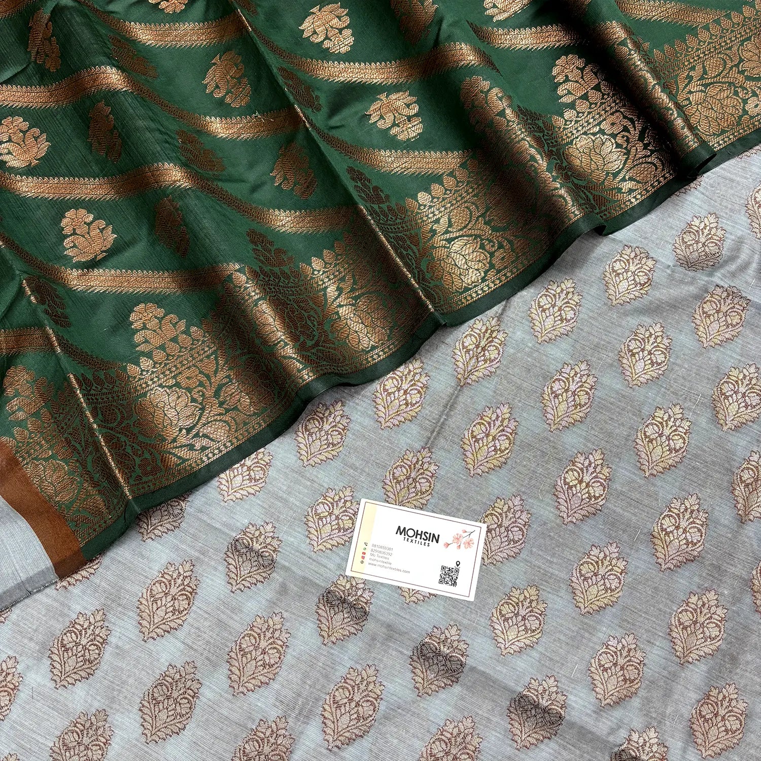 Grey and Bottle Green Banarasi Silk Suit