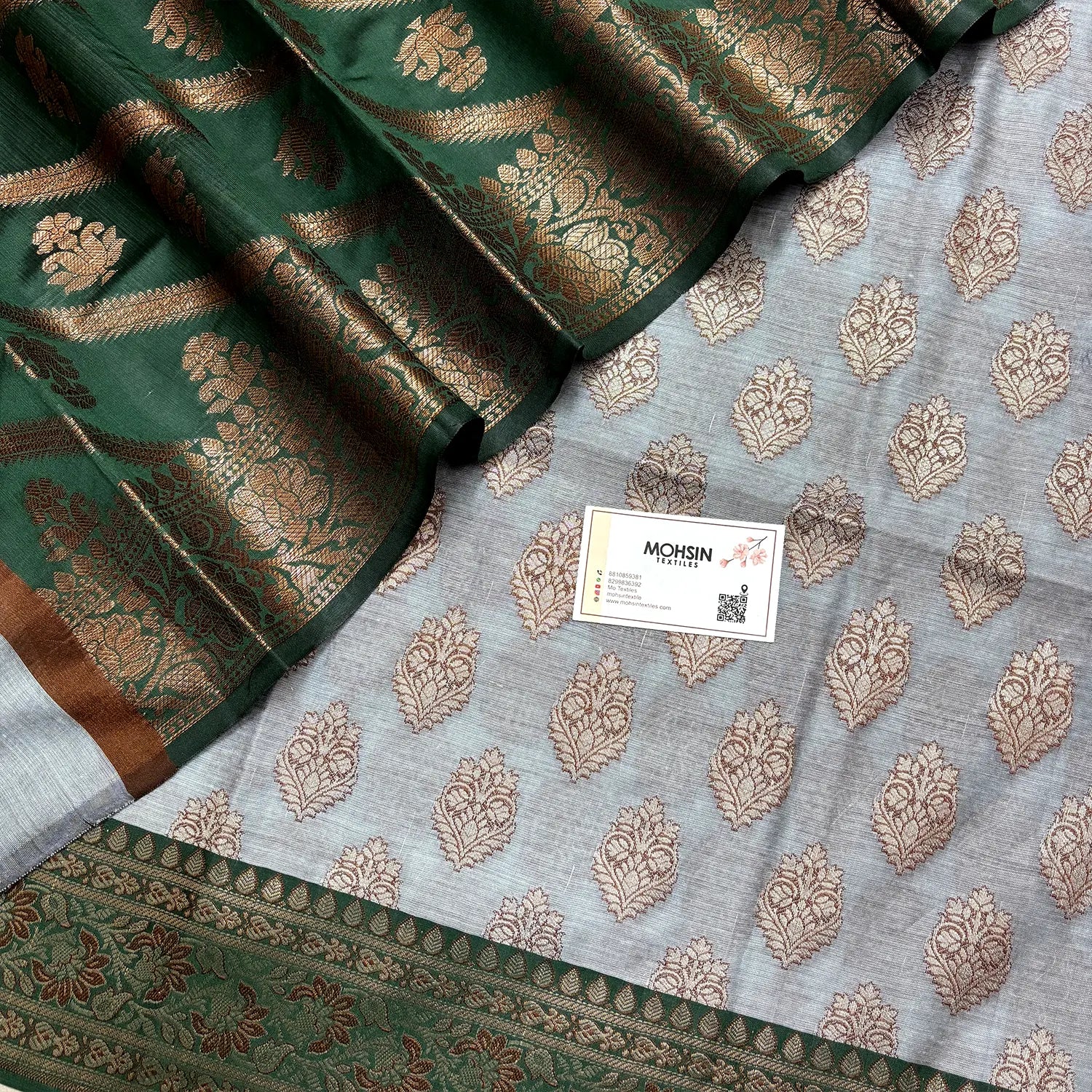Grey and Bottle Green Banarasi Silk Suit