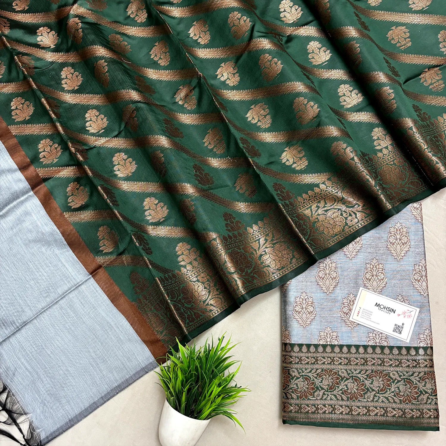 Grey and Bottle Green Banarasi Silk Suit