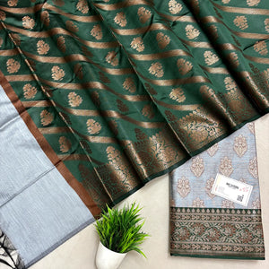 Grey and Bottle Green Banarasi Silk Suit