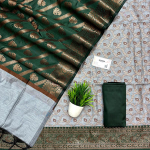 Grey and Bottle Green Patti Jaal Banarasi Silk Suit