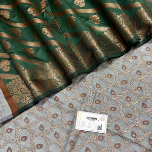 Grey and Bottle Green Patti Jaal Banarasi Silk Suit