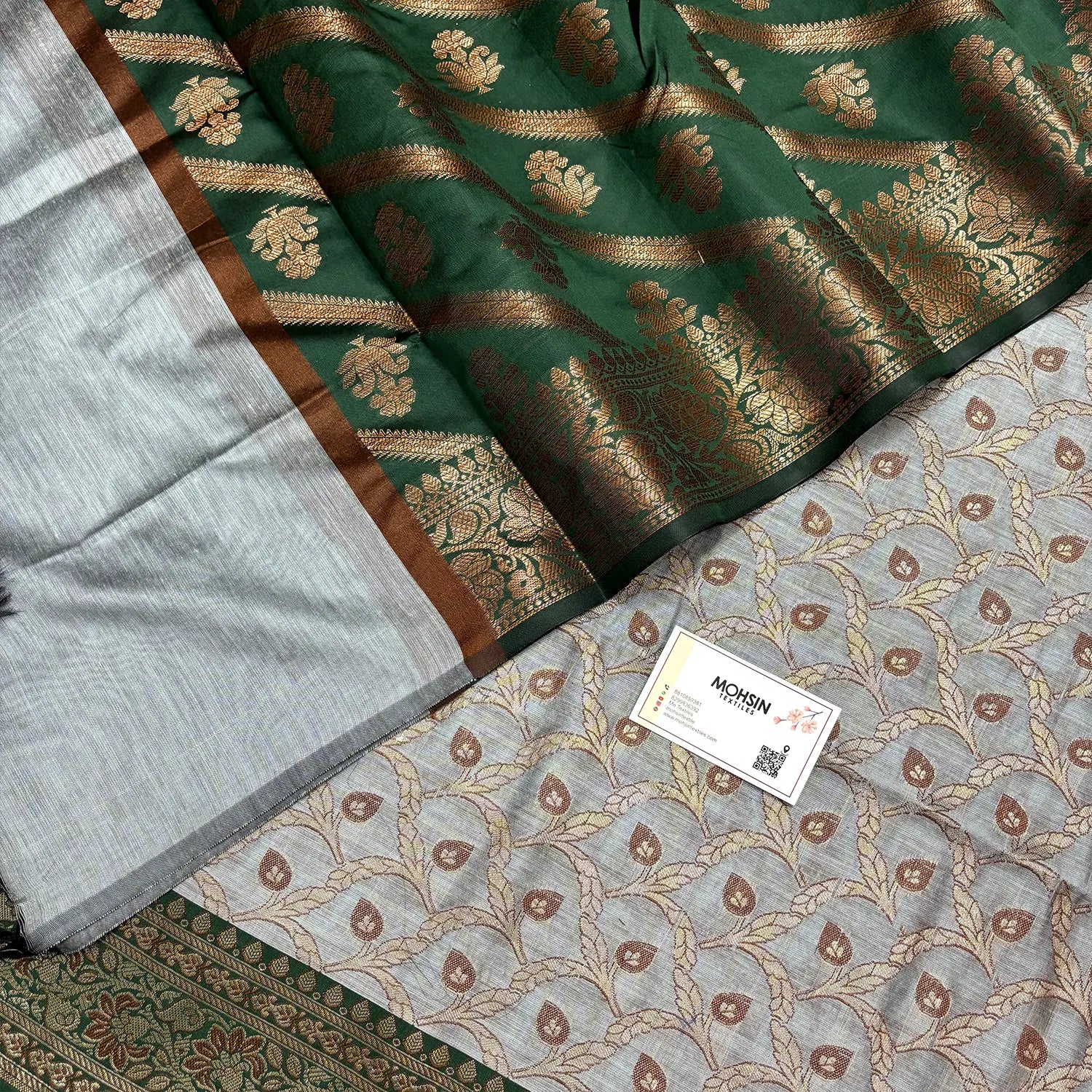 Grey and Bottle Green Patti Jaal Banarasi Silk Suit