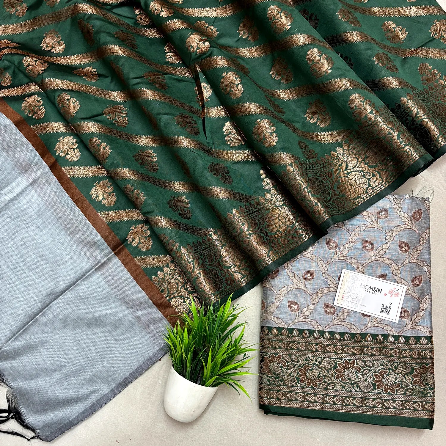 Grey and Bottle Green Patti Jaal Banarasi Silk Suit