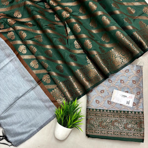 Grey and Bottle Green Patti Jaal Banarasi Silk Suit