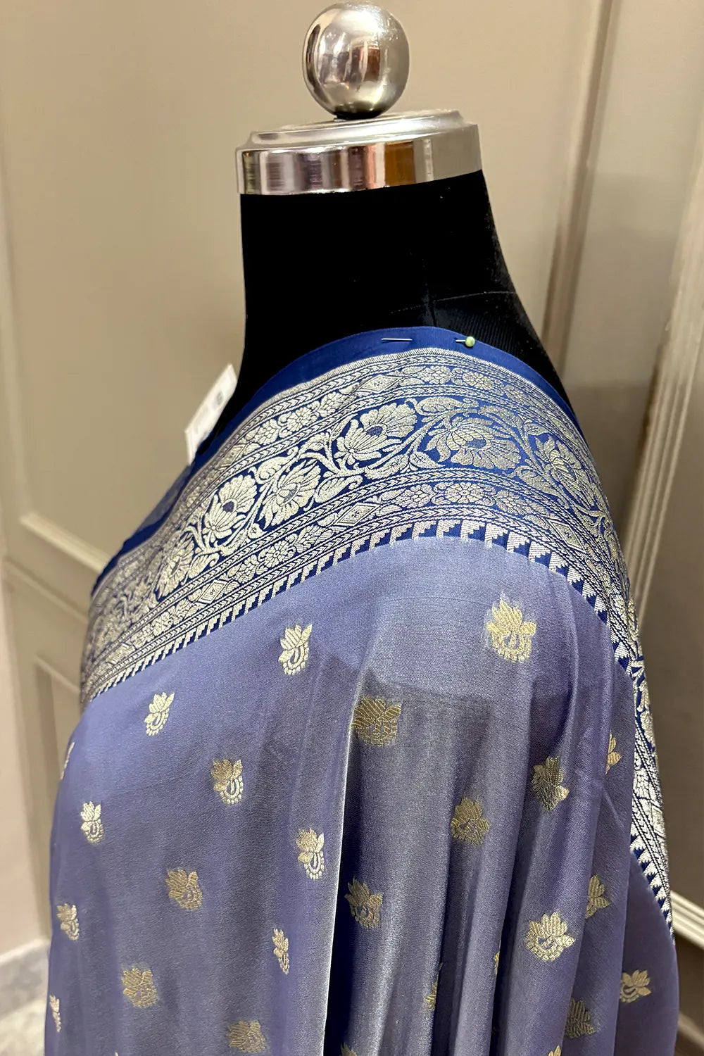 Grey and Navy Blue Ghonga Buti Katan Silk Banarasi Saree