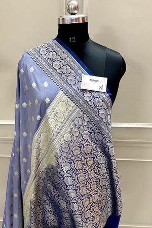 Grey and Navy Blue Ghonga Buti Katan Silk Banarasi Saree