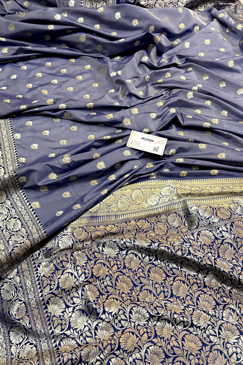 Grey and Navy Blue Ghonga Buti Katan Silk Banarasi Saree