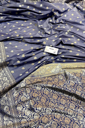 Grey and Navy Blue Ghonga Buti Katan Silk Banarasi Saree