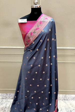 Grey and Pink Buti Banarasi Silk Saree