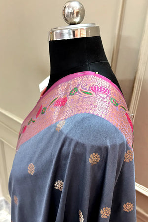 Grey and Pink Buti Banarasi Silk Saree