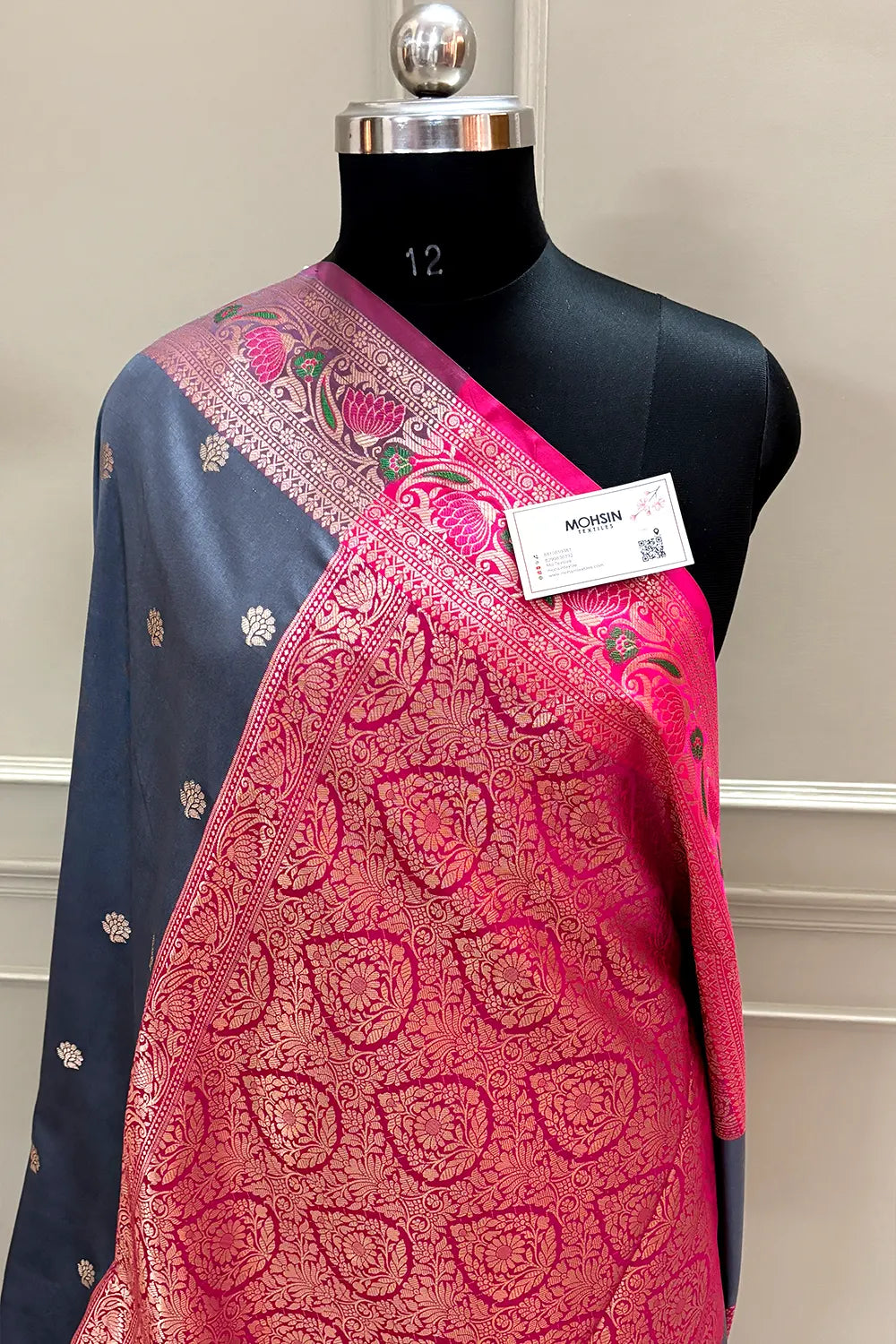 Grey and Pink Buti Banarasi Silk Saree