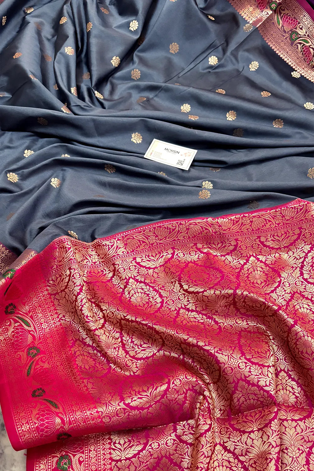 Grey and Pink Buti Banarasi Silk Saree