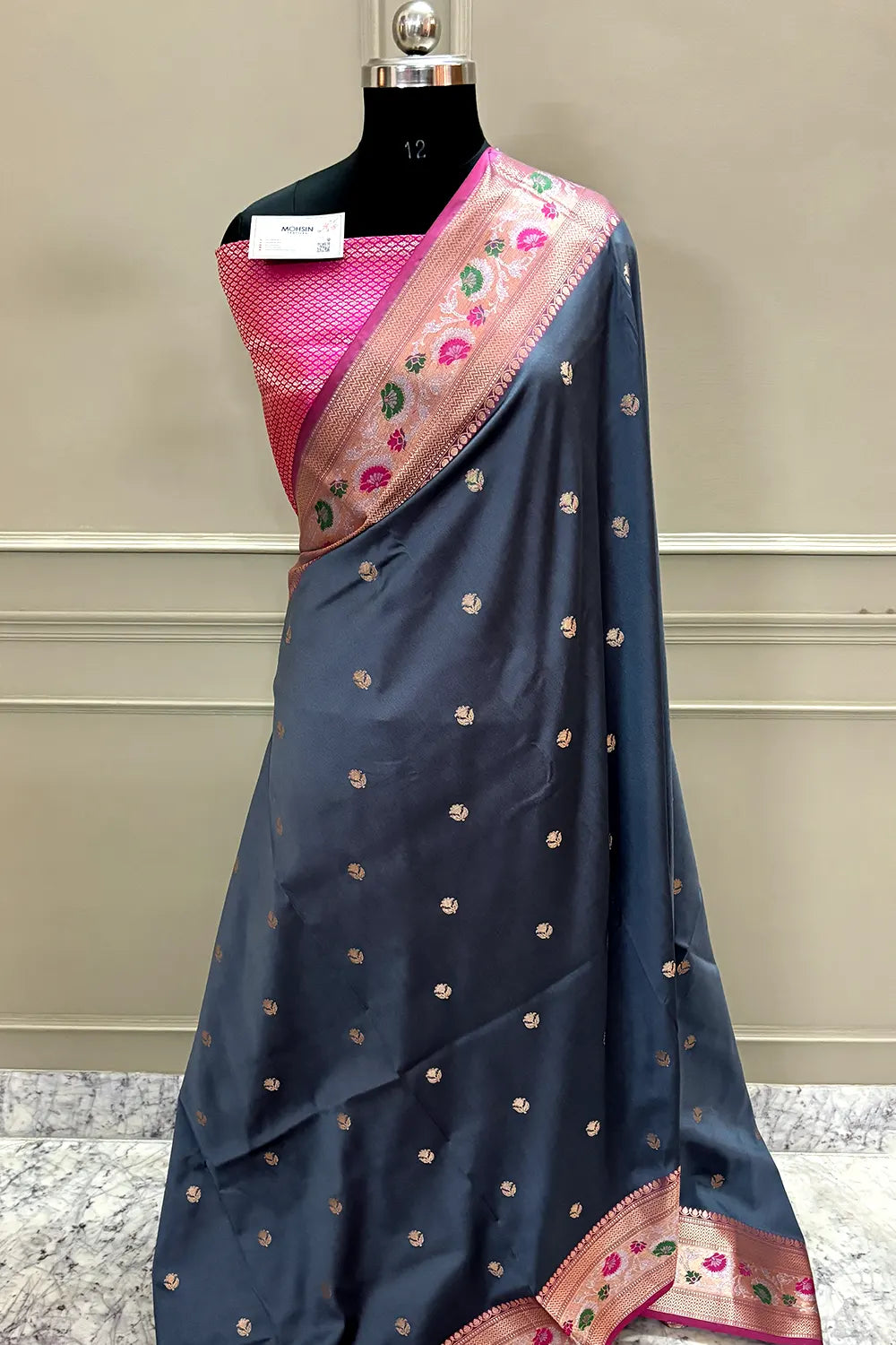 Grey and Pink Buti Banarasi Silk Saree
