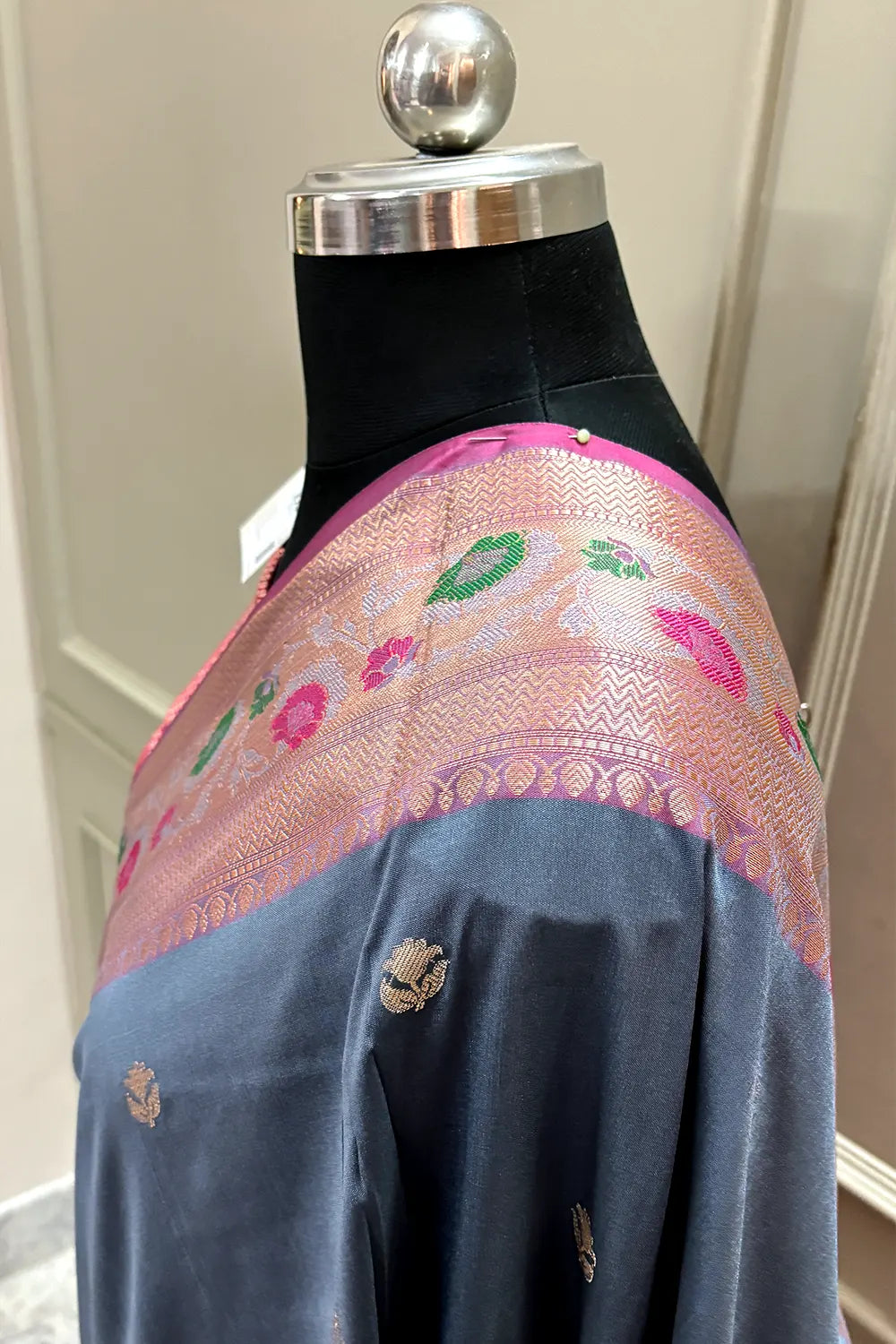Grey and Pink Buti Banarasi Silk Saree
