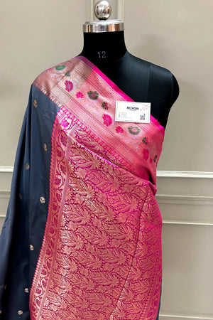 Grey and Pink Buti Banarasi Silk Saree