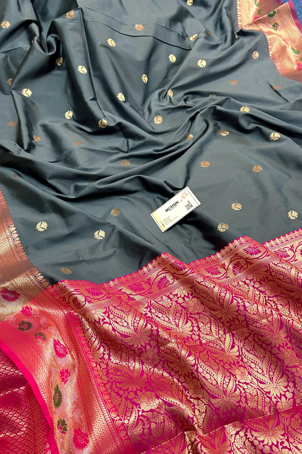 Grey and Pink Buti Banarasi Silk Saree