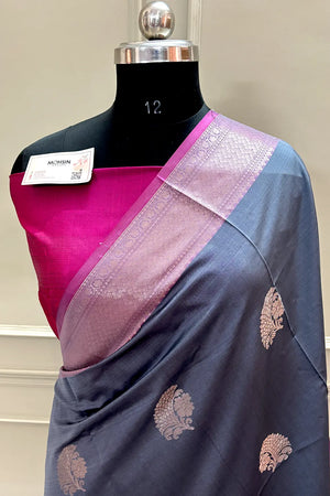 Grey and Pink Golden Zari Banarasi Silk Saree