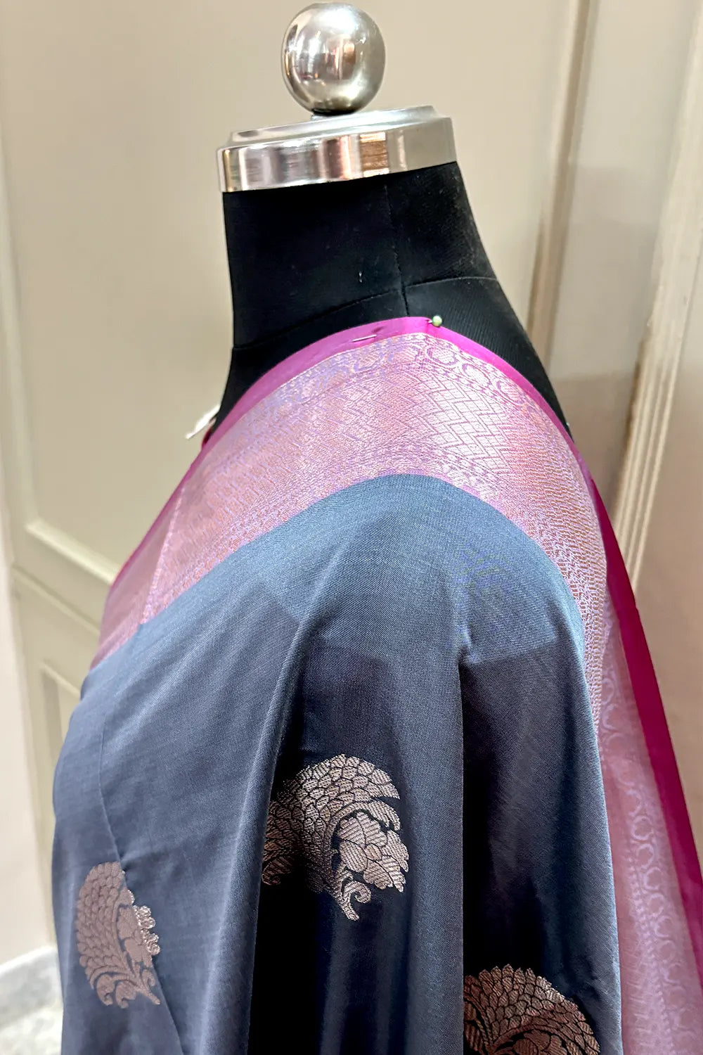 Grey and Pink Golden Zari Banarasi Silk Saree