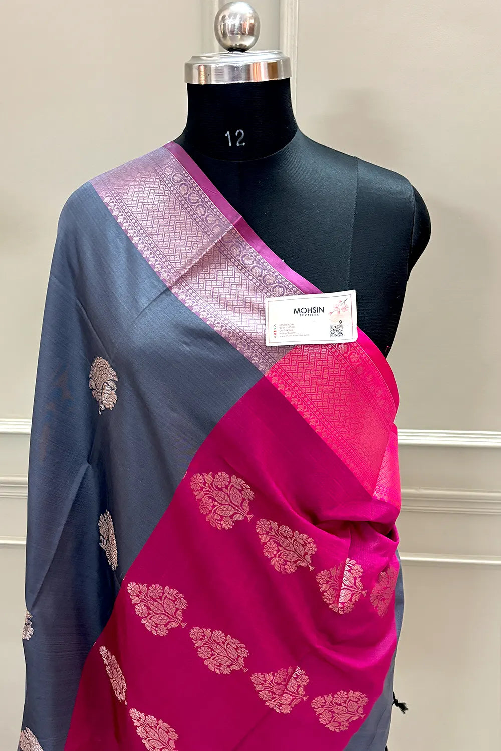 Grey and Pink Golden Zari Banarasi Silk Saree