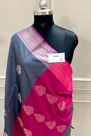 Grey and Pink Golden Zari Banarasi Silk Saree