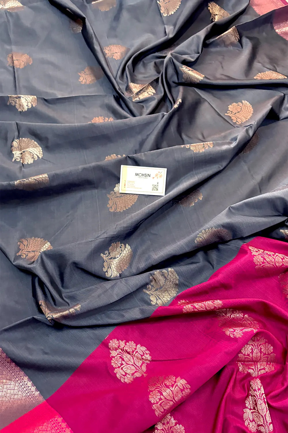 Grey and Pink Golden Zari Banarasi Silk Saree