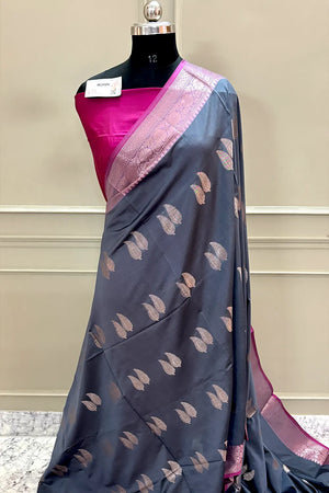 Grey and Pink Golden Zari Banarasi Silk Saree