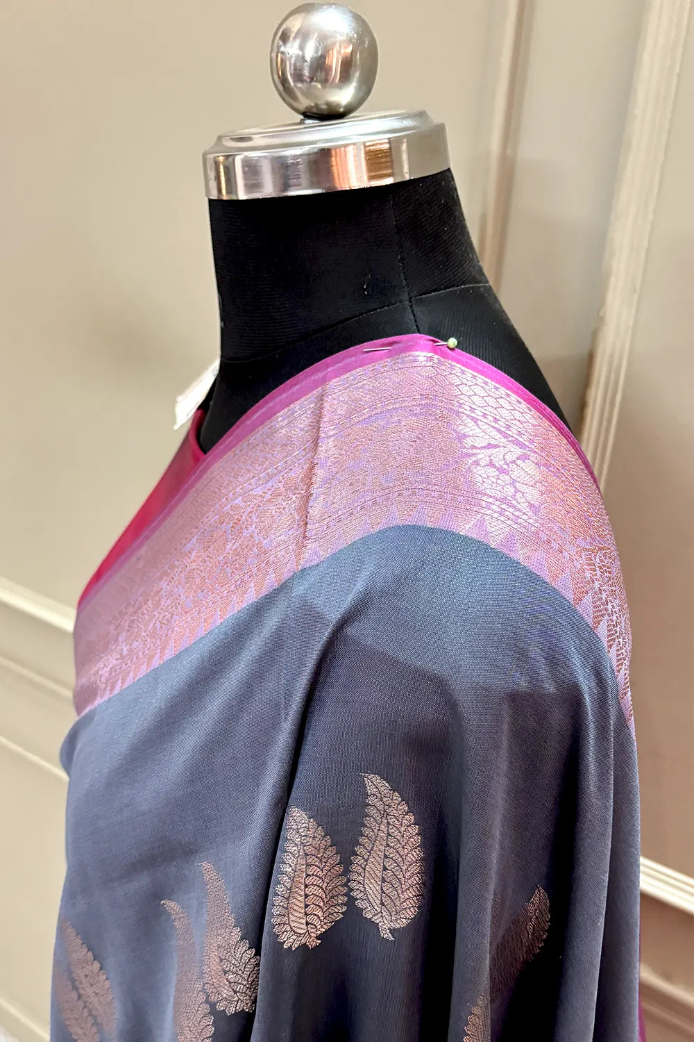 Grey and Pink Golden Zari Banarasi Silk Saree