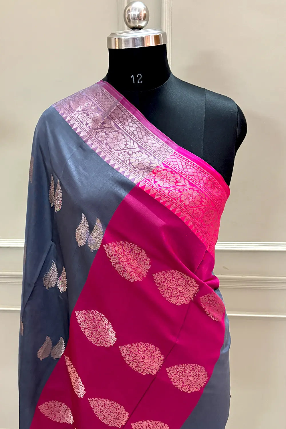 Grey and Pink Golden Zari Banarasi Silk Saree