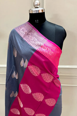 Grey and Pink Golden Zari Banarasi Silk Saree