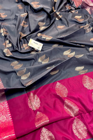 Grey and Pink Golden Zari Banarasi Silk Saree