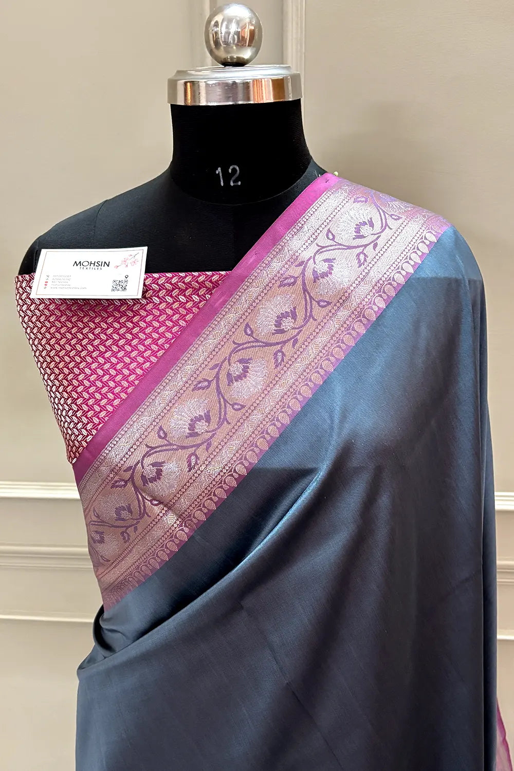 Grey and Pink Plain Banarasi Silk Saree