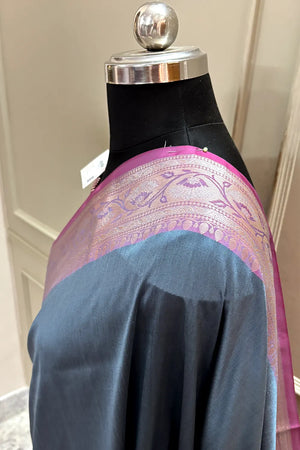 Grey and Pink Plain Banarasi Silk Saree
