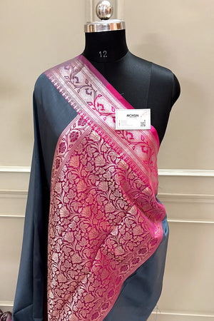 Grey and Pink Plain Banarasi Silk Saree