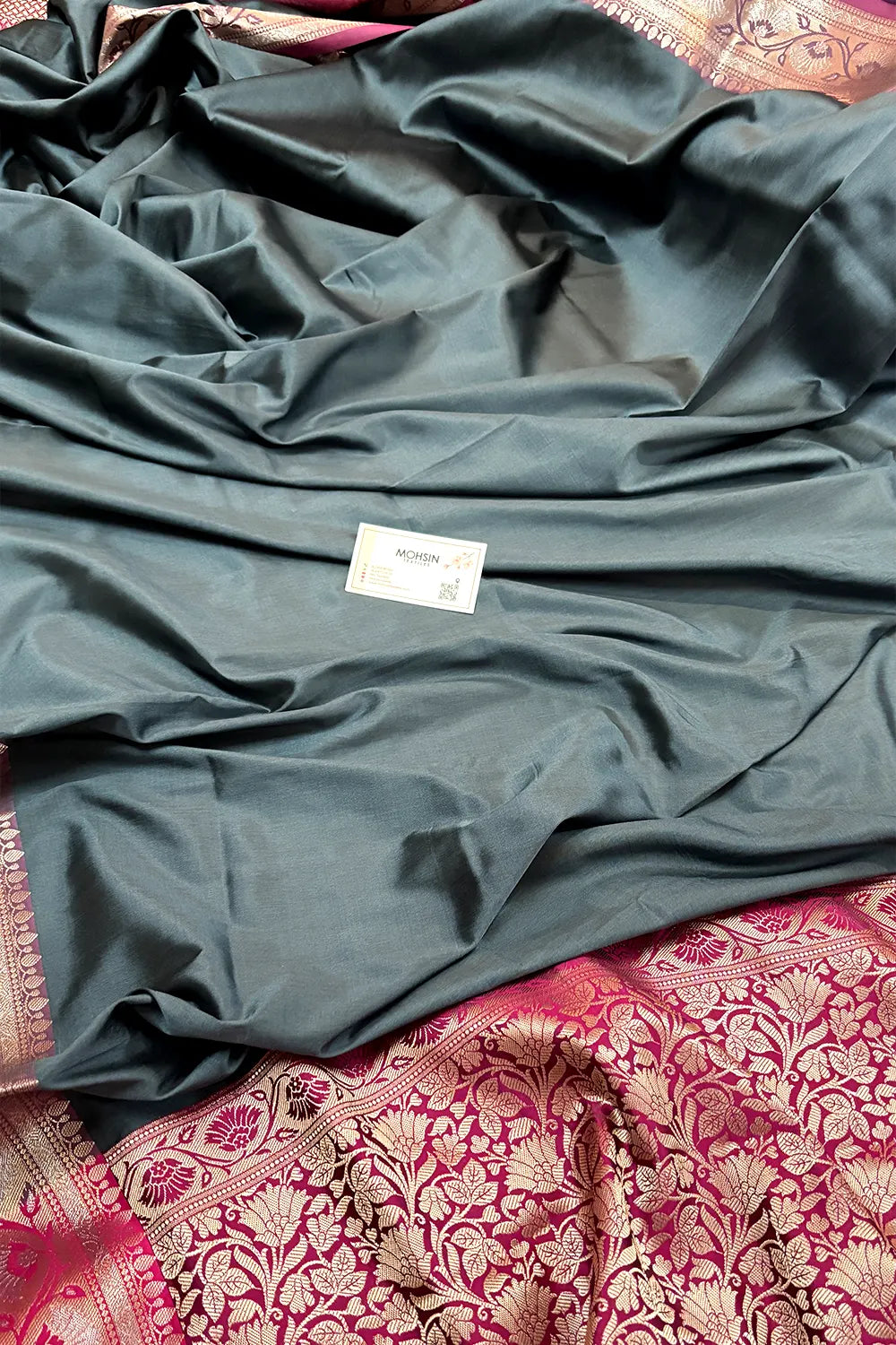 Grey and Pink Plain Banarasi Silk Saree
