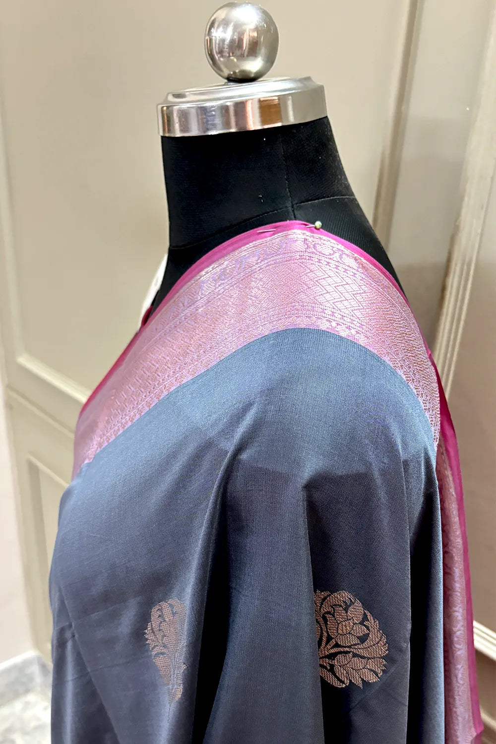 Grey and Pink Zari Banarasi Silk Saree