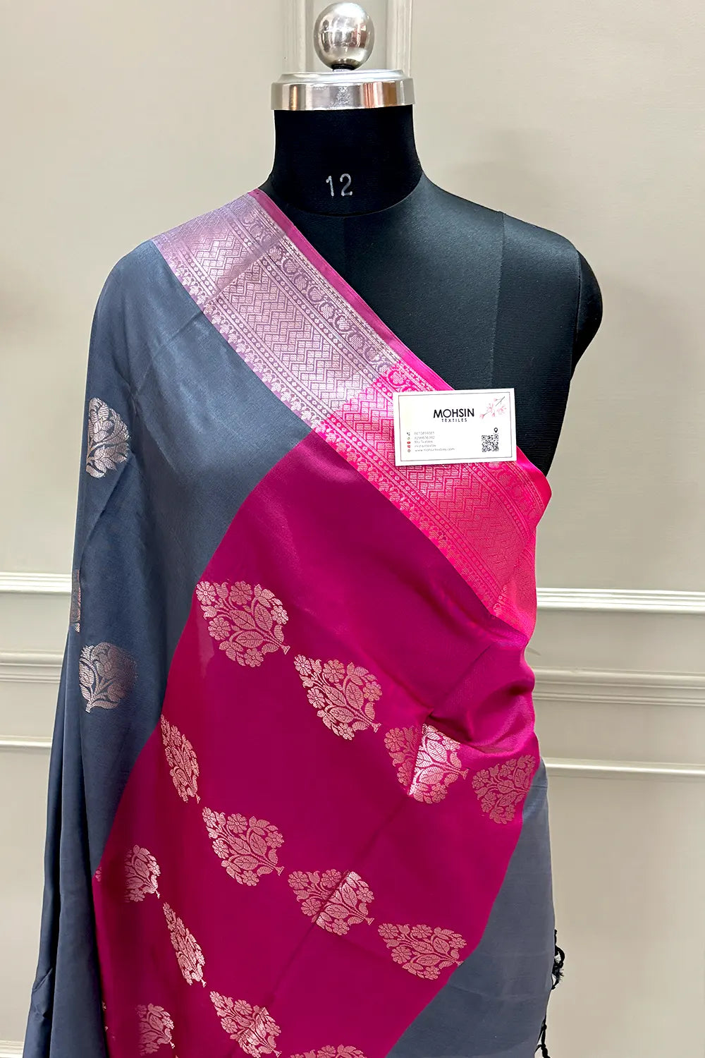 Grey and Pink Zari Banarasi Silk Saree