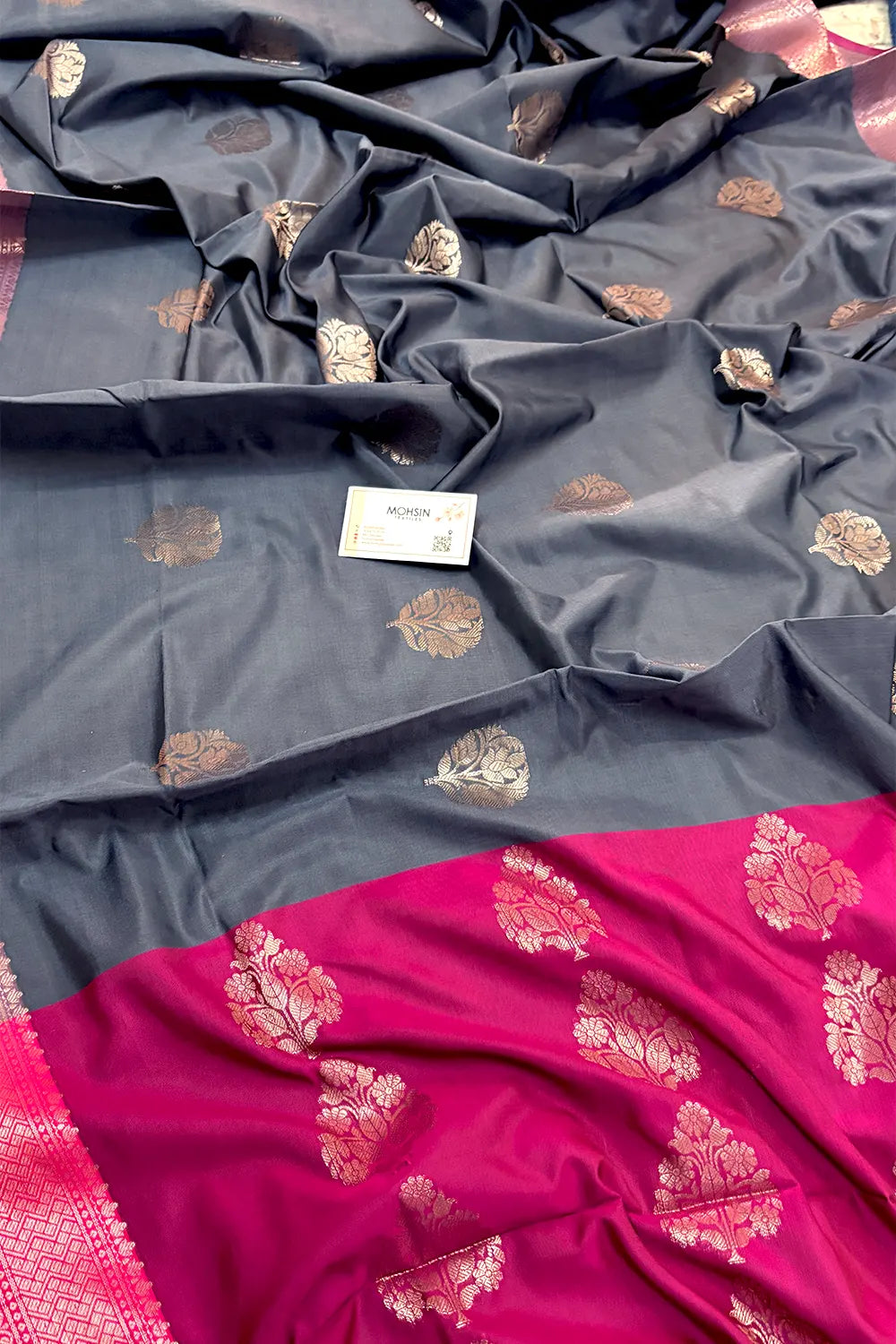 Grey and Pink Zari Banarasi Silk Saree