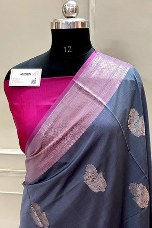 Grey and Pink Zari Banarasi Silk Saree