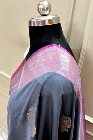 Grey and Pink Zari Banarasi Silk Saree