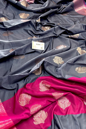 Grey and Pink Zari Banarasi Silk Saree