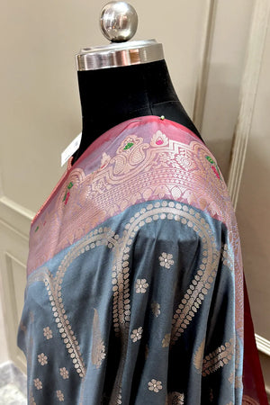 Grey and Red Zari Banarasi Silk Saree