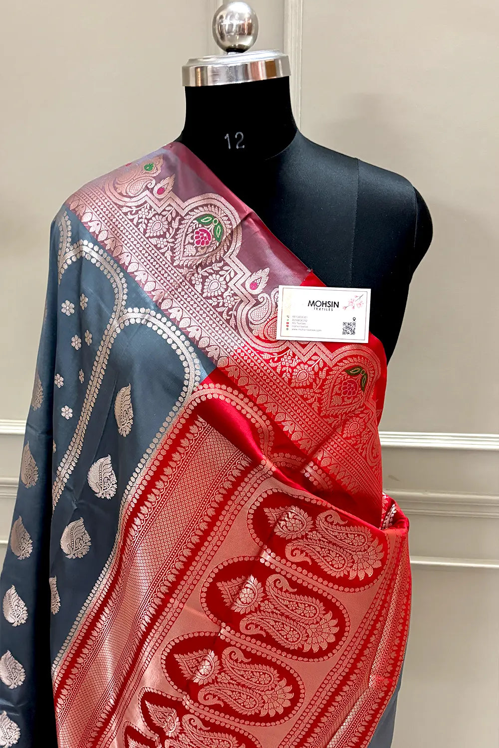 Grey and Red Zari Banarasi Silk Saree