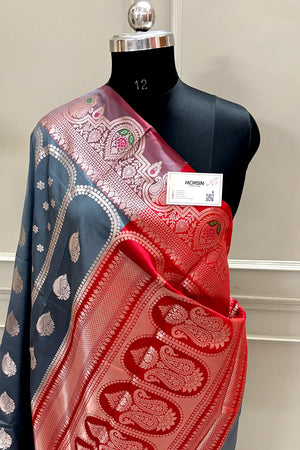 Grey and Red Zari Banarasi Silk Saree