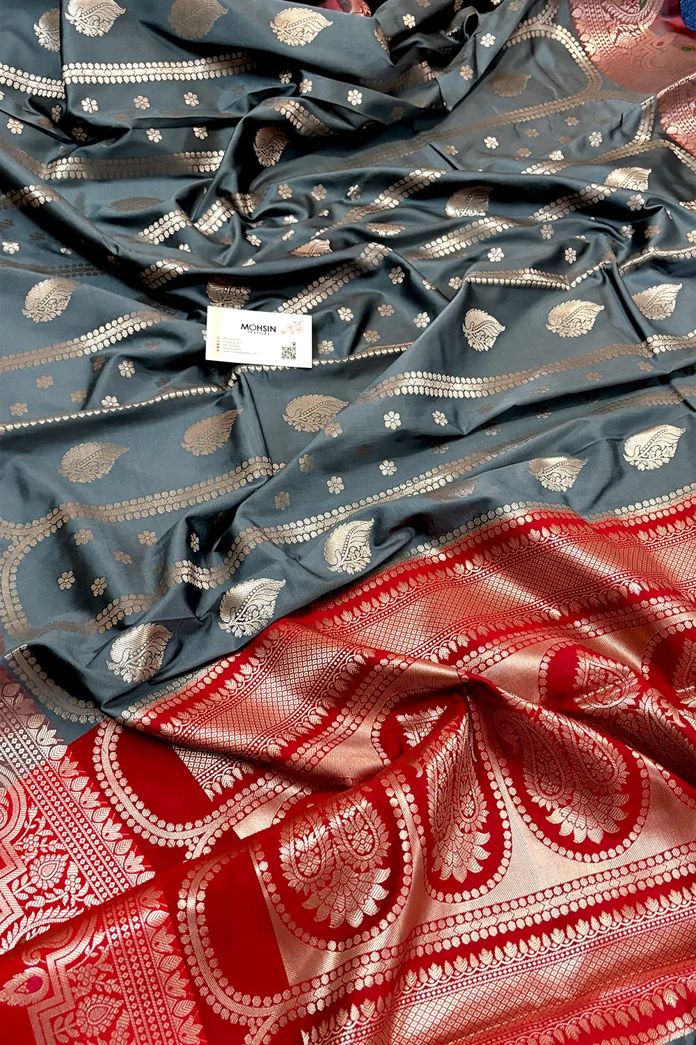 Grey and Red Zari Banarasi Silk Saree