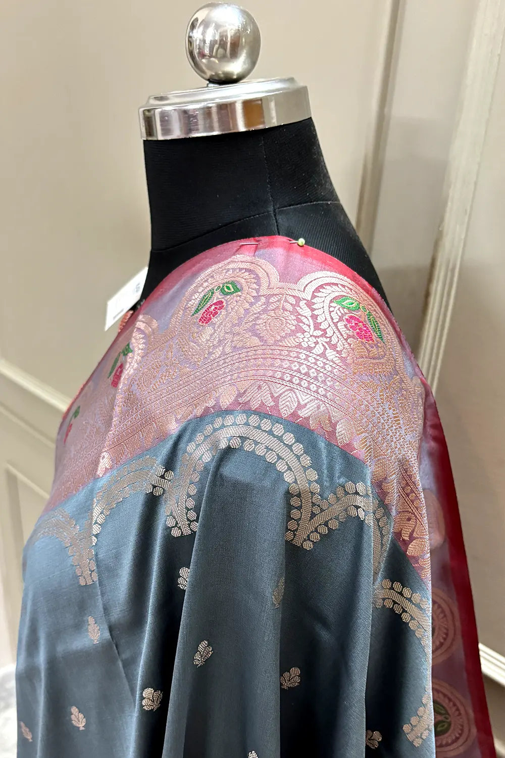 Grey and Red Zari Banarasi Silk Saree