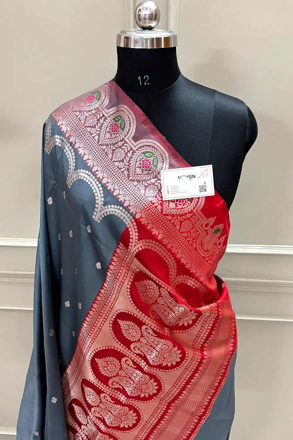 Grey and Red Zari Banarasi Silk Saree