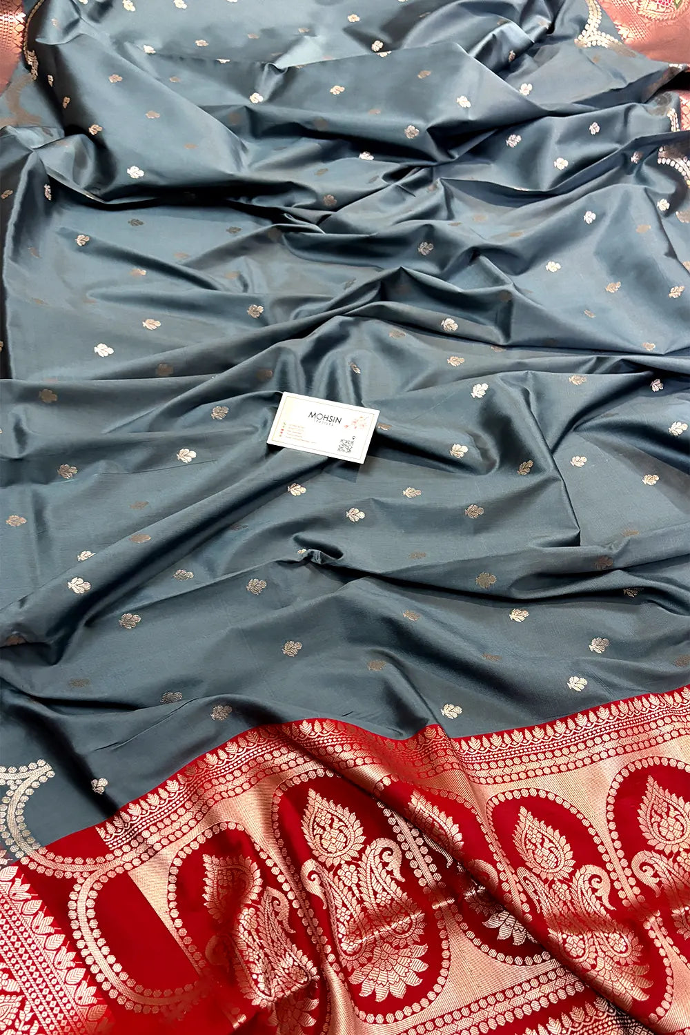 Grey and Red Zari Banarasi Silk Saree
